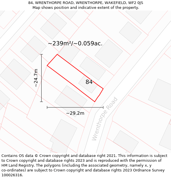 84, WRENTHORPE ROAD, WRENTHORPE, WAKEFIELD, WF2 0JS: Plot and title map