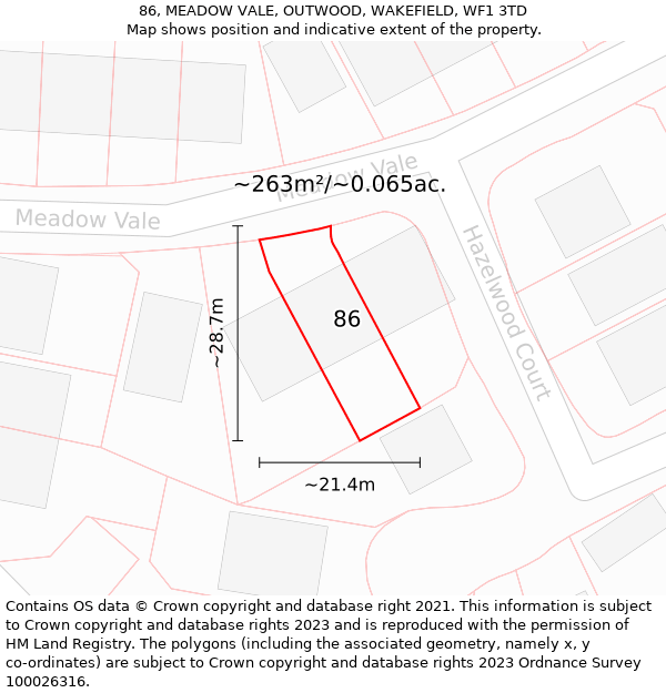 86, MEADOW VALE, OUTWOOD, WAKEFIELD, WF1 3TD: Plot and title map