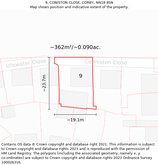 9, CONISTON CLOSE, CORBY, NN18 8SN: Plot and title map