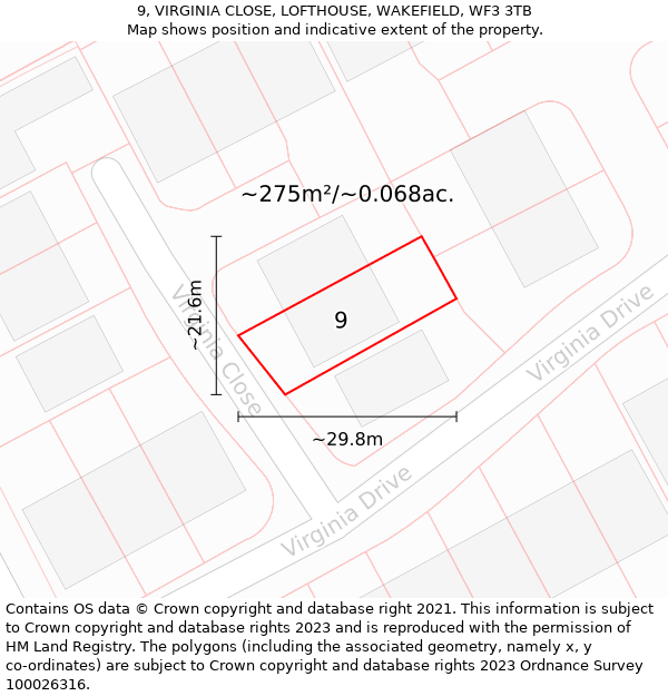 9, VIRGINIA CLOSE, LOFTHOUSE, WAKEFIELD, WF3 3TB: Plot and title map