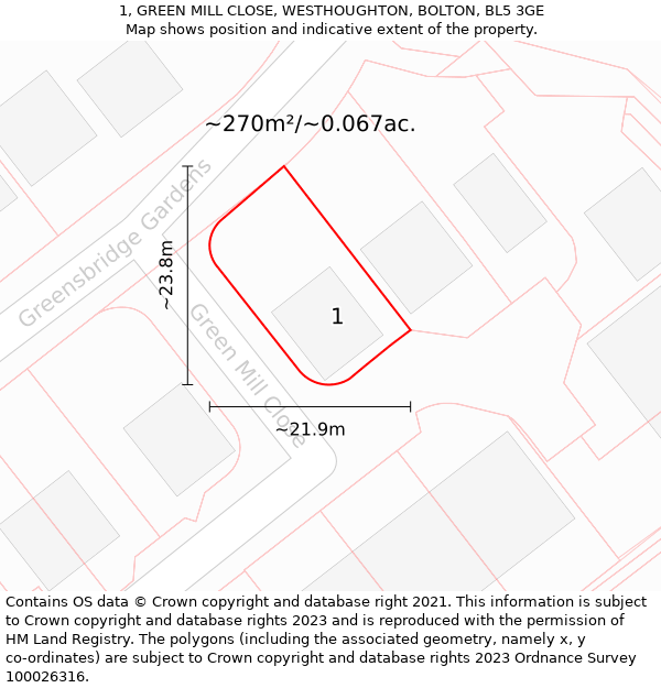 1, GREEN MILL CLOSE, WESTHOUGHTON, BOLTON, BL5 3GE: Plot and title map