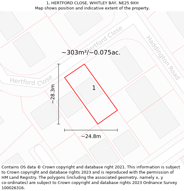 1, HERTFORD CLOSE, WHITLEY BAY, NE25 9XH: Plot and title map