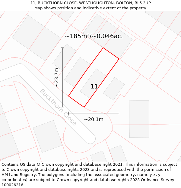 11, BUCKTHORN CLOSE, WESTHOUGHTON, BOLTON, BL5 3UP: Plot and title map