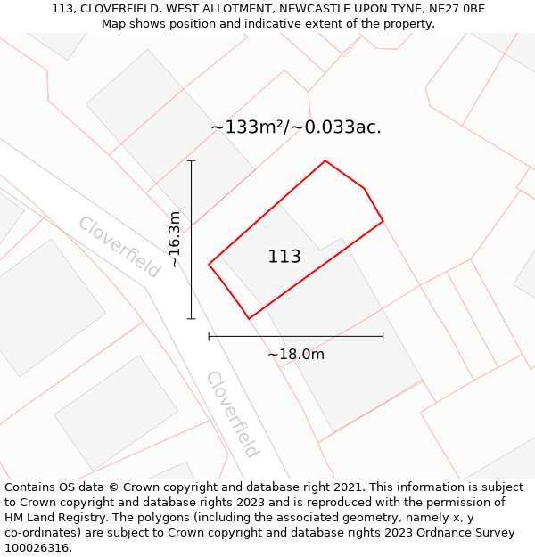 113, CLOVERFIELD, WEST ALLOTMENT, NEWCASTLE UPON TYNE, NE27 0BE: Plot and title map