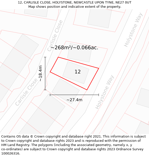 12, CARLISLE CLOSE, HOLYSTONE, NEWCASTLE UPON TYNE, NE27 0UT: Plot and title map