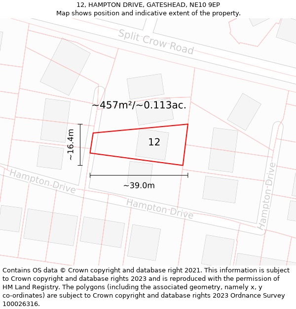 12, HAMPTON DRIVE, GATESHEAD, NE10 9EP: Plot and title map