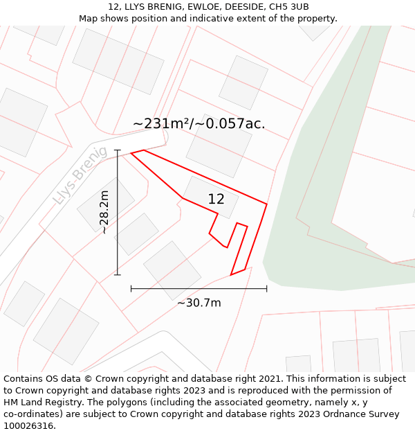 12, LLYS BRENIG, EWLOE, DEESIDE, CH5 3UB: Plot and title map