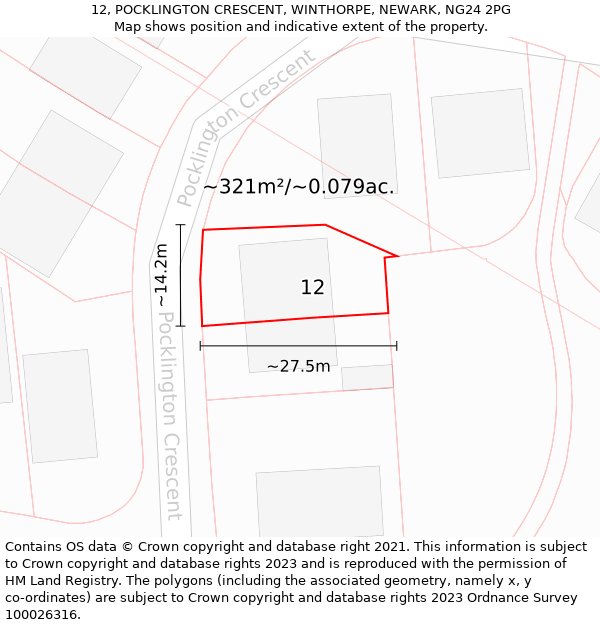 12, POCKLINGTON CRESCENT, WINTHORPE, NEWARK, NG24 2PG: Plot and title map