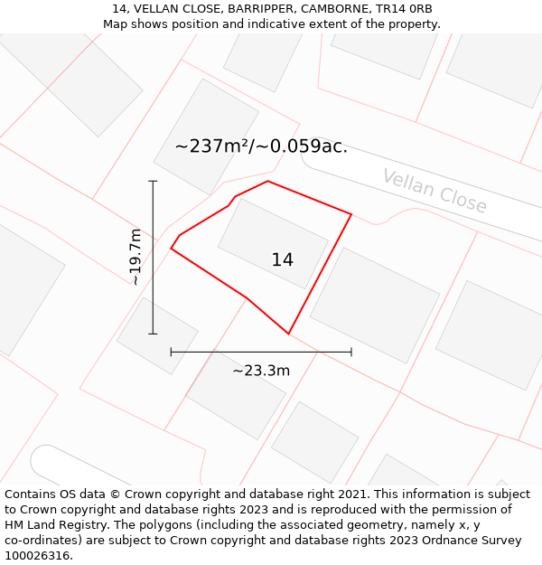 14, VELLAN CLOSE, BARRIPPER, CAMBORNE, TR14 0RB: Plot and title map