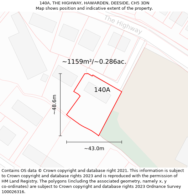 140A, THE HIGHWAY, HAWARDEN, DEESIDE, CH5 3DN: Plot and title map