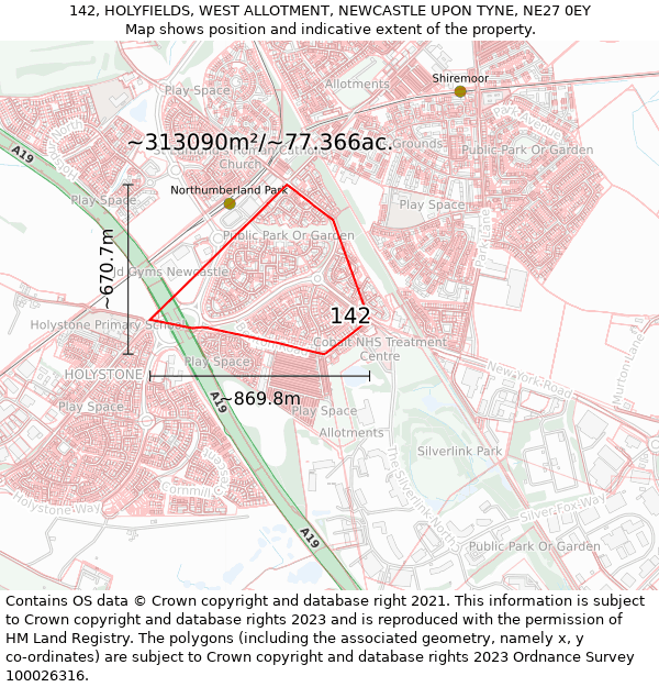 142, HOLYFIELDS, WEST ALLOTMENT, NEWCASTLE UPON TYNE, NE27 0EY: Plot and title map