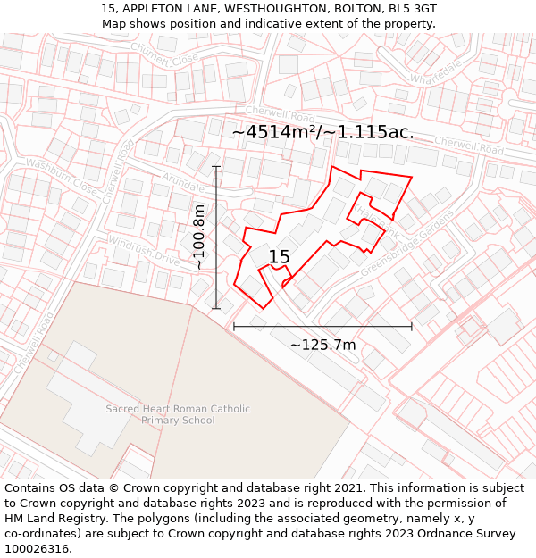 15, APPLETON LANE, WESTHOUGHTON, BOLTON, BL5 3GT: Plot and title map