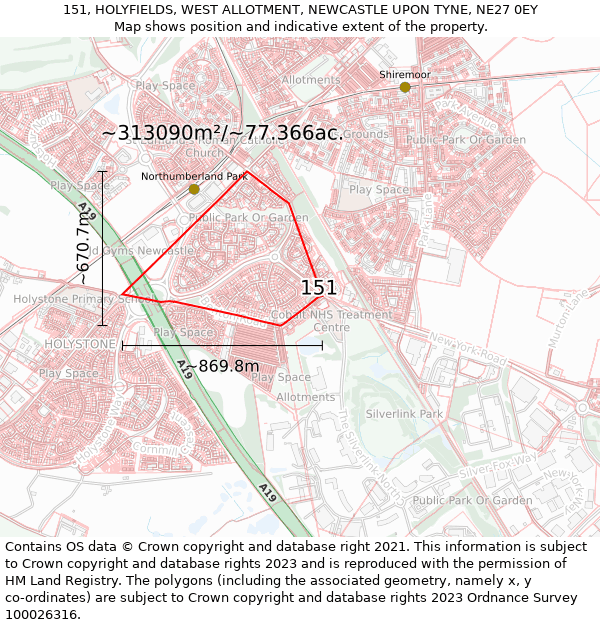 151, HOLYFIELDS, WEST ALLOTMENT, NEWCASTLE UPON TYNE, NE27 0EY: Plot and title map