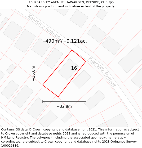 16, KEARSLEY AVENUE, HAWARDEN, DEESIDE, CH5 3JQ: Plot and title map