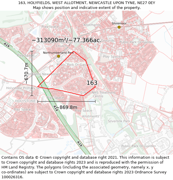 163, HOLYFIELDS, WEST ALLOTMENT, NEWCASTLE UPON TYNE, NE27 0EY: Plot and title map