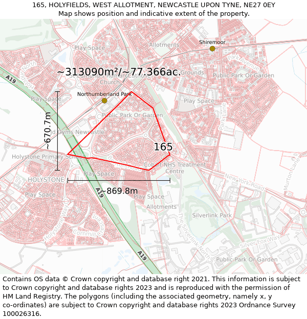 165, HOLYFIELDS, WEST ALLOTMENT, NEWCASTLE UPON TYNE, NE27 0EY: Plot and title map
