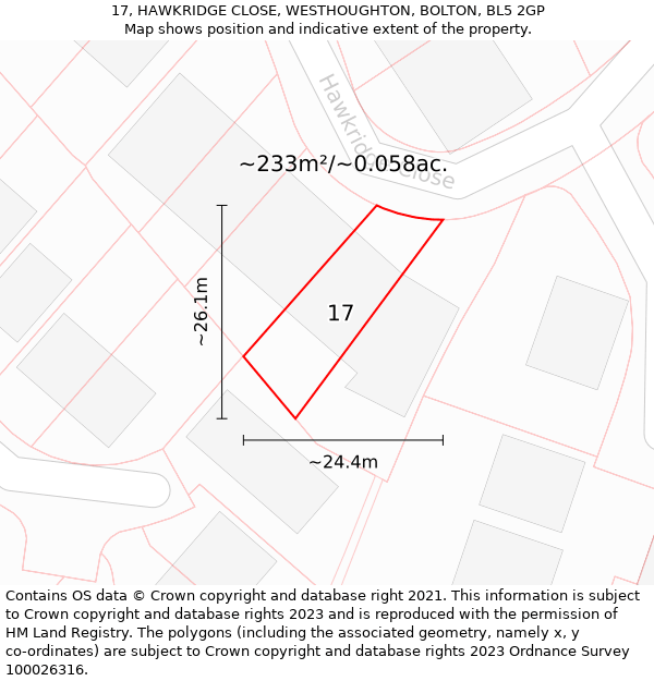 17, HAWKRIDGE CLOSE, WESTHOUGHTON, BOLTON, BL5 2GP: Plot and title map