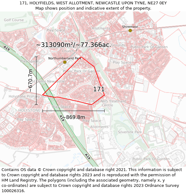 171, HOLYFIELDS, WEST ALLOTMENT, NEWCASTLE UPON TYNE, NE27 0EY: Plot and title map