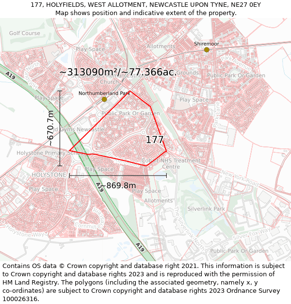 177, HOLYFIELDS, WEST ALLOTMENT, NEWCASTLE UPON TYNE, NE27 0EY: Plot and title map