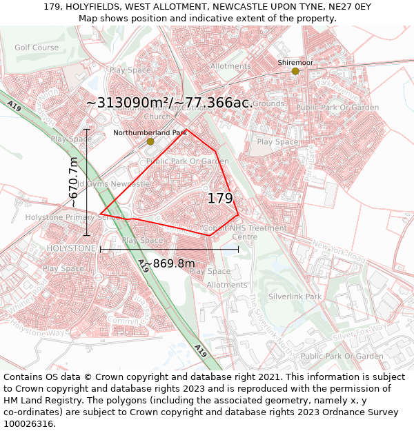 179, HOLYFIELDS, WEST ALLOTMENT, NEWCASTLE UPON TYNE, NE27 0EY: Plot and title map