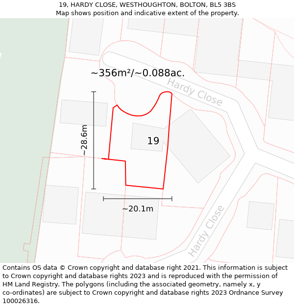 19, HARDY CLOSE, WESTHOUGHTON, BOLTON, BL5 3BS: Plot and title map