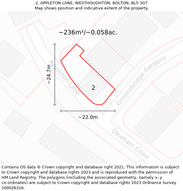 2, APPLETON LANE, WESTHOUGHTON, BOLTON, BL5 3GT: Plot and title map