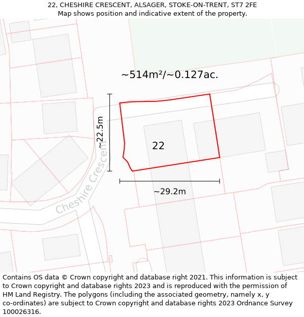 22, CHESHIRE CRESCENT, ALSAGER, STOKE-ON-TRENT, ST7 2FE: Plot and title map