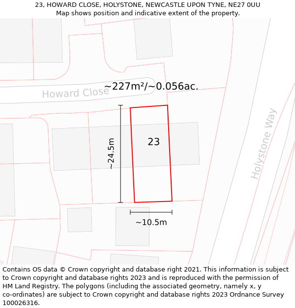 23, HOWARD CLOSE, HOLYSTONE, NEWCASTLE UPON TYNE, NE27 0UU: Plot and title map