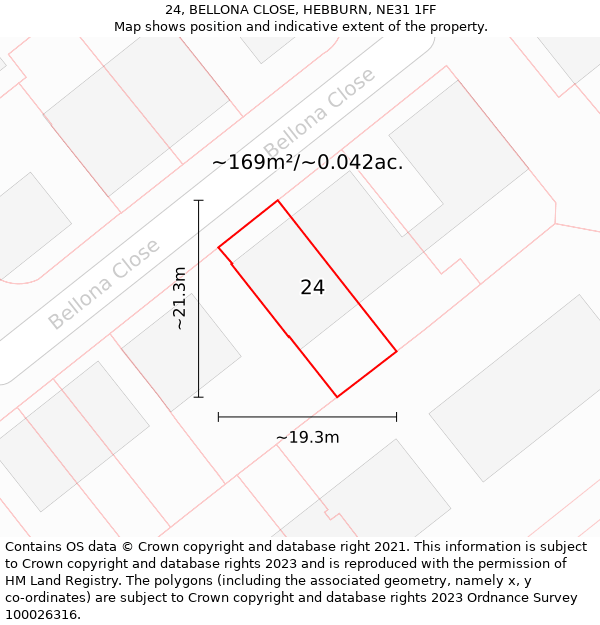 24, BELLONA CLOSE, HEBBURN, NE31 1FF: Plot and title map