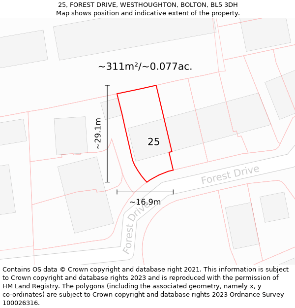 25, FOREST DRIVE, WESTHOUGHTON, BOLTON, BL5 3DH: Plot and title map