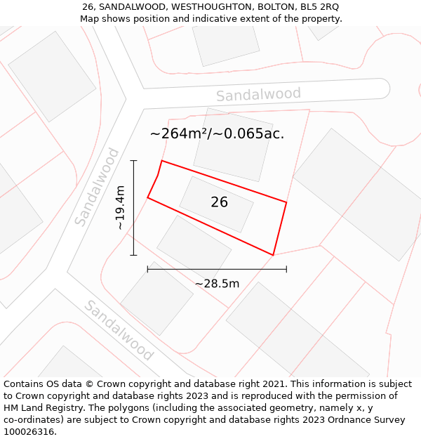 26, SANDALWOOD, WESTHOUGHTON, BOLTON, BL5 2RQ: Plot and title map