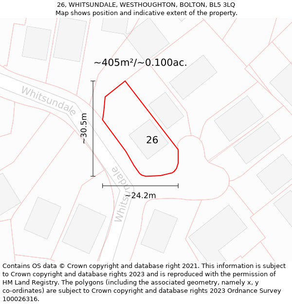 26, WHITSUNDALE, WESTHOUGHTON, BOLTON, BL5 3LQ: Plot and title map