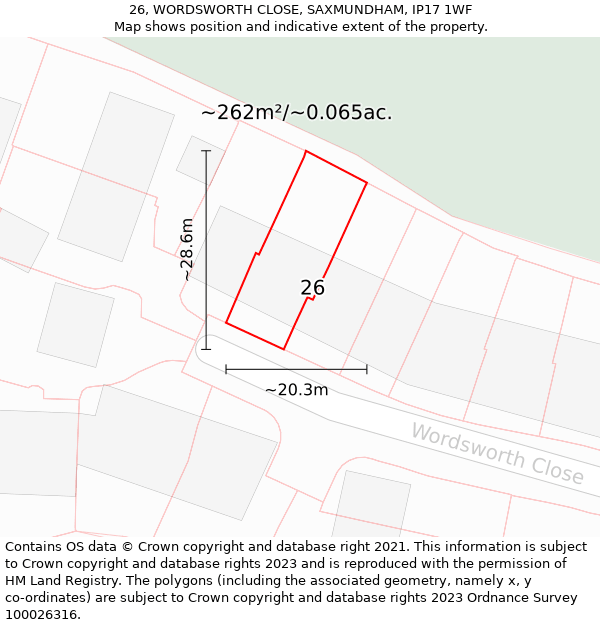 26, WORDSWORTH CLOSE, SAXMUNDHAM, IP17 1WF: Plot and title map