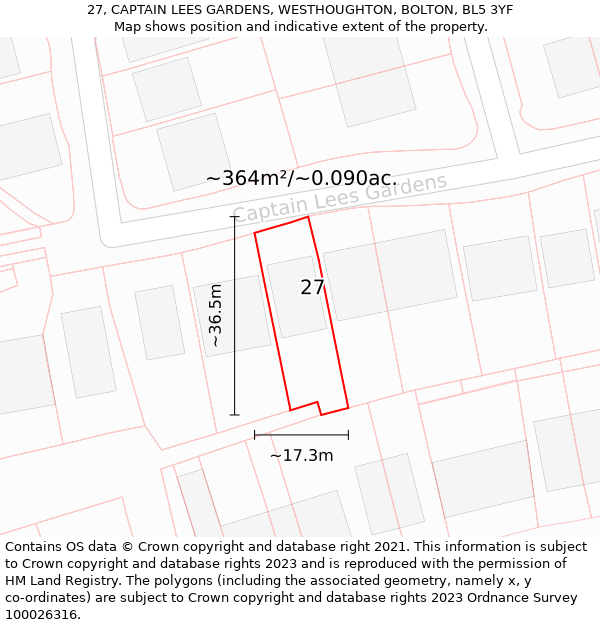 27, CAPTAIN LEES GARDENS, WESTHOUGHTON, BOLTON, BL5 3YF: Plot and title map