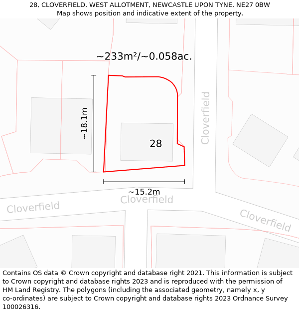 28, CLOVERFIELD, WEST ALLOTMENT, NEWCASTLE UPON TYNE, NE27 0BW: Plot and title map