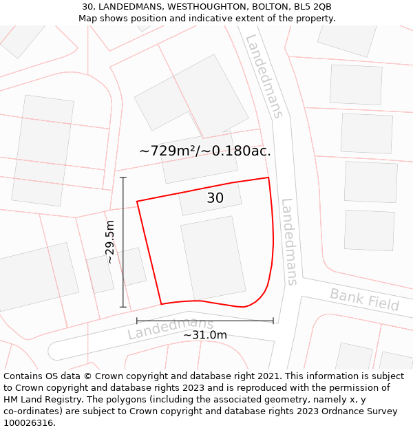 30, LANDEDMANS, WESTHOUGHTON, BOLTON, BL5 2QB: Plot and title map