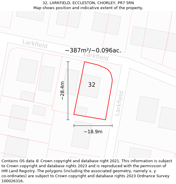 32, LARKFIELD, ECCLESTON, CHORLEY, PR7 5RN: Plot and title map