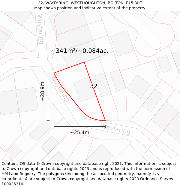 32, WAYFARING, WESTHOUGHTON, BOLTON, BL5 3UT: Plot and title map