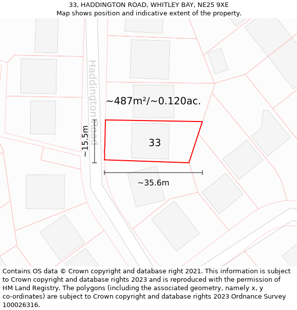 33, HADDINGTON ROAD, WHITLEY BAY, NE25 9XE: Plot and title map