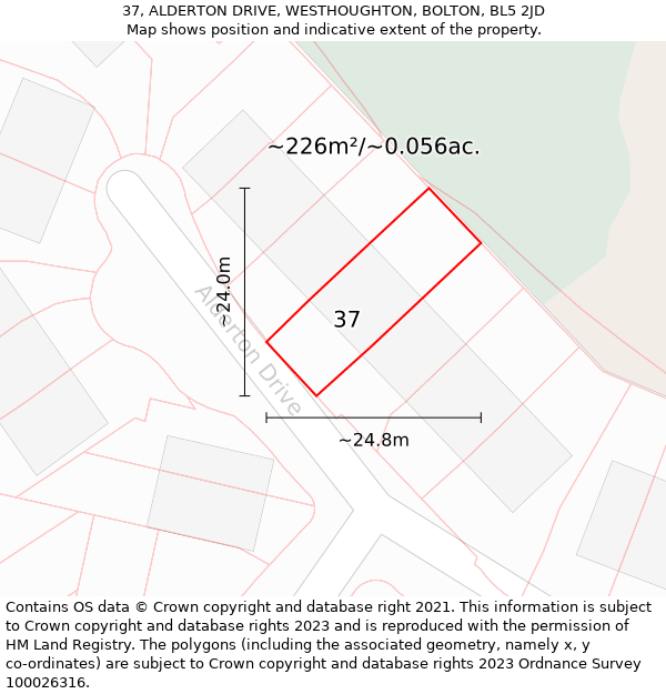 37, ALDERTON DRIVE, WESTHOUGHTON, BOLTON, BL5 2JD: Plot and title map