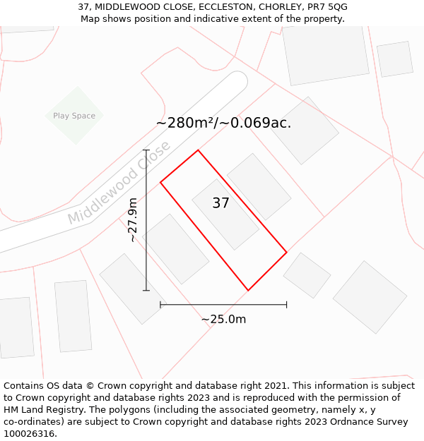 37, MIDDLEWOOD CLOSE, ECCLESTON, CHORLEY, PR7 5QG: Plot and title map