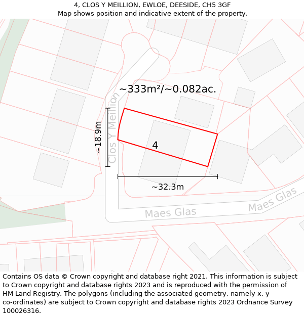 4, CLOS Y MEILLION, EWLOE, DEESIDE, CH5 3GF: Plot and title map