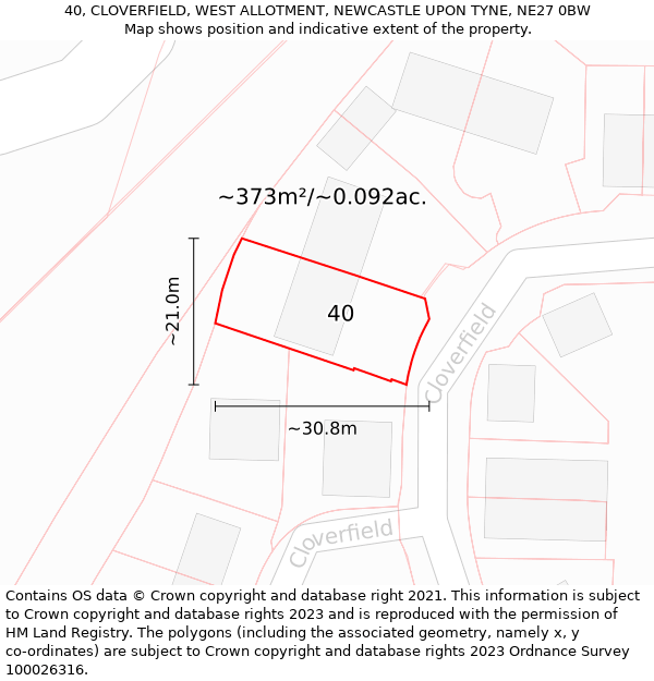 40, CLOVERFIELD, WEST ALLOTMENT, NEWCASTLE UPON TYNE, NE27 0BW: Plot and title map