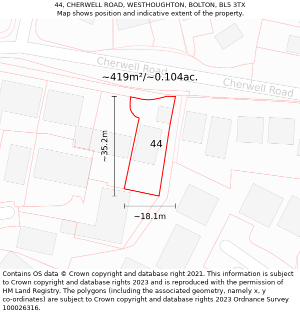 44, CHERWELL ROAD, WESTHOUGHTON, BOLTON, BL5 3TX: Plot and title map