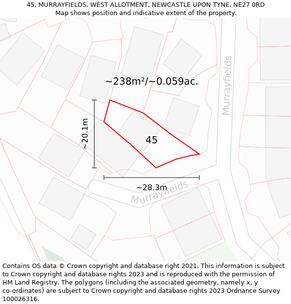 45, MURRAYFIELDS, WEST ALLOTMENT, NEWCASTLE UPON TYNE, NE27 0RD: Plot and title map