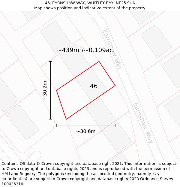 46, EARNSHAW WAY, WHITLEY BAY, NE25 9UN: Plot and title map