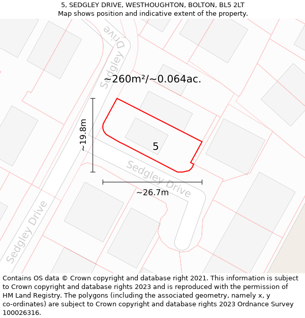 5, SEDGLEY DRIVE, WESTHOUGHTON, BOLTON, BL5 2LT: Plot and title map