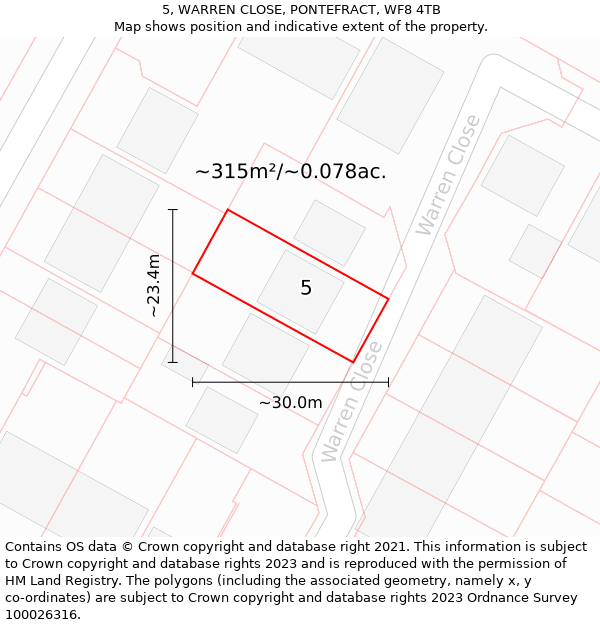 5, WARREN CLOSE, PONTEFRACT, WF8 4TB: Plot and title map