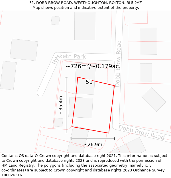 51, DOBB BROW ROAD, WESTHOUGHTON, BOLTON, BL5 2AZ: Plot and title map