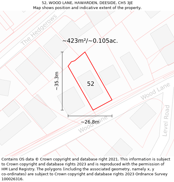 52, WOOD LANE, HAWARDEN, DEESIDE, CH5 3JE: Plot and title map